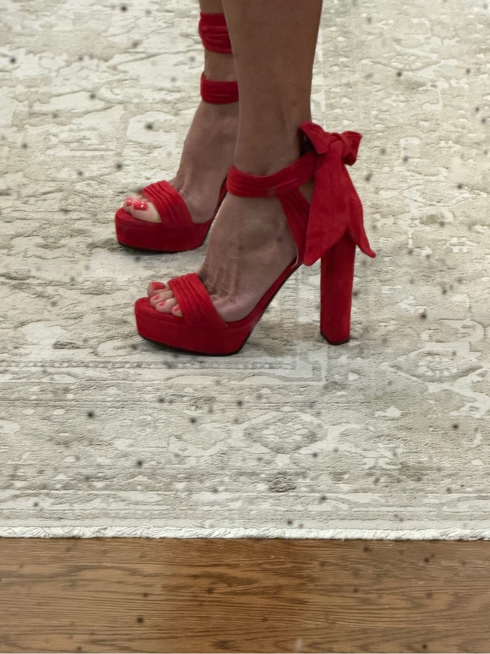 Jimmy Choo Red Soft Suede Kaytrin 120,5 inch Platform Block Heels with Ankle Bow
